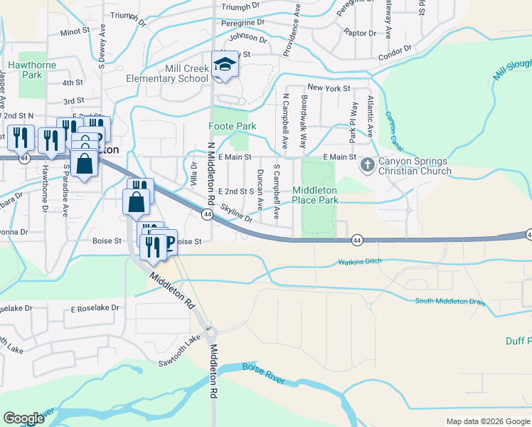 map of restaurants, bars, coffee shops, grocery stores, and more near 115 Duncan Avenue in Middleton