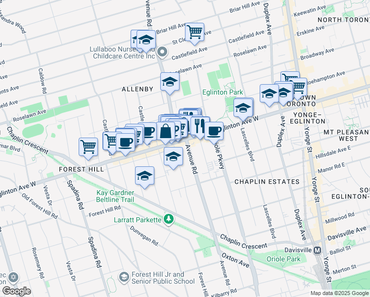 map of restaurants, bars, coffee shops, grocery stores, and more near 1008 Avenue Road in Toronto