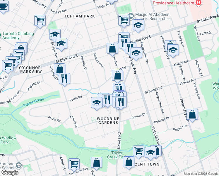 map of restaurants, bars, coffee shops, grocery stores, and more near 508 Dawes Road in Toronto