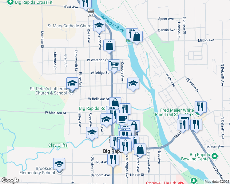 map of restaurants, bars, coffee shops, grocery stores, and more near 125 East Bellevue Street in Big Rapids
