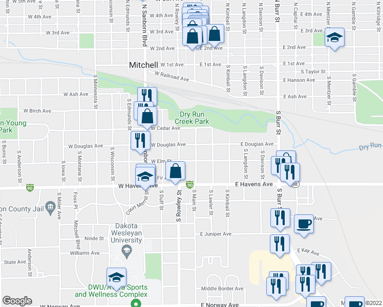 map of restaurants, bars, coffee shops, grocery stores, and more near 615 South Main Street in Mitchell