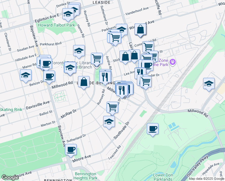 map of restaurants, bars, coffee shops, grocery stores, and more near Airdrie Road in Toronto