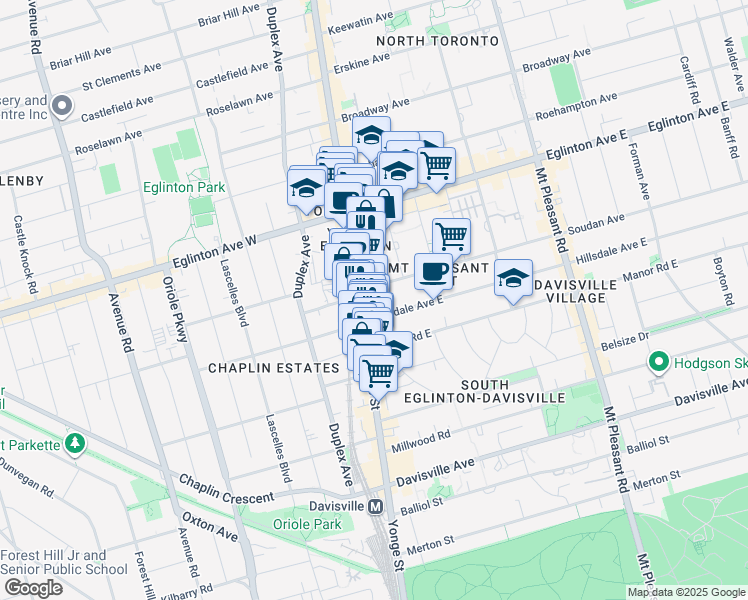 map of restaurants, bars, coffee shops, grocery stores, and more near 8 Hillsdale Avenue East in Toronto