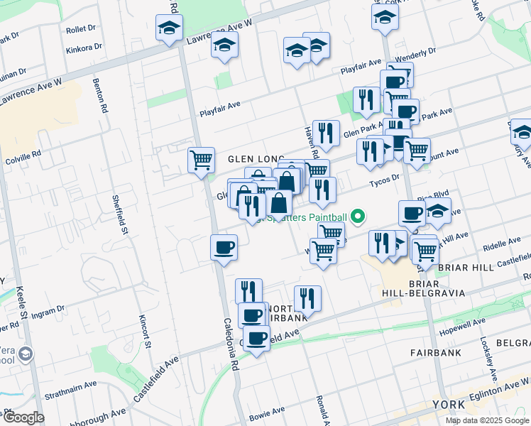 map of restaurants, bars, coffee shops, grocery stores, and more near 134 Tycos Drive in Toronto