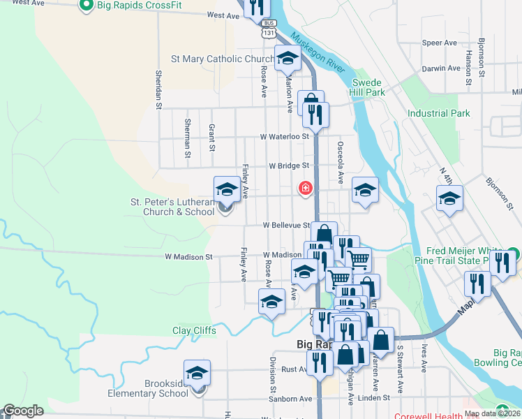 map of restaurants, bars, coffee shops, grocery stores, and more near 520 Finley Avenue in Big Rapids
