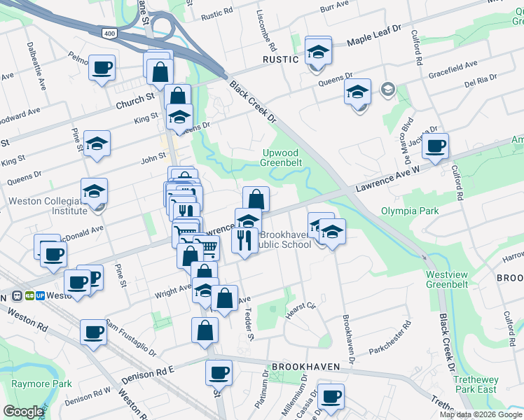 map of restaurants, bars, coffee shops, grocery stores, and more near 1762A Lawrence Avenue West in Toronto