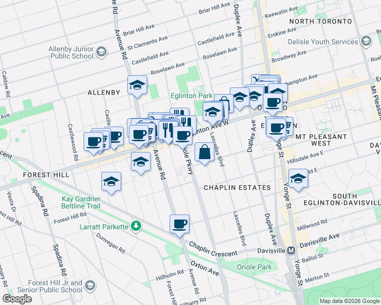 map of restaurants, bars, coffee shops, grocery stores, and more near 485 Oriole Parkway in Toronto