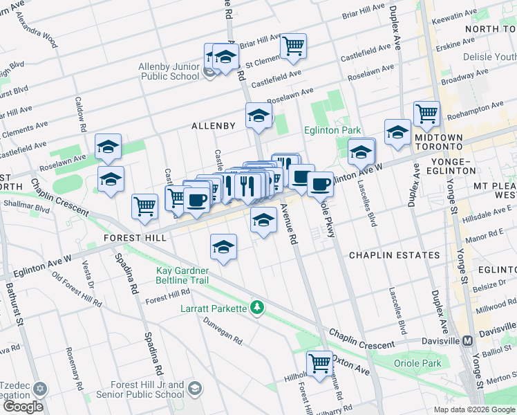 map of restaurants, bars, coffee shops, grocery stores, and more near 357 Eglinton Avenue West in Toronto