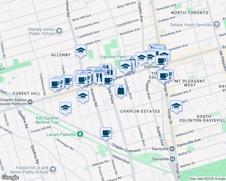 map of restaurants, bars, coffee shops, grocery stores, and more near in Toronto