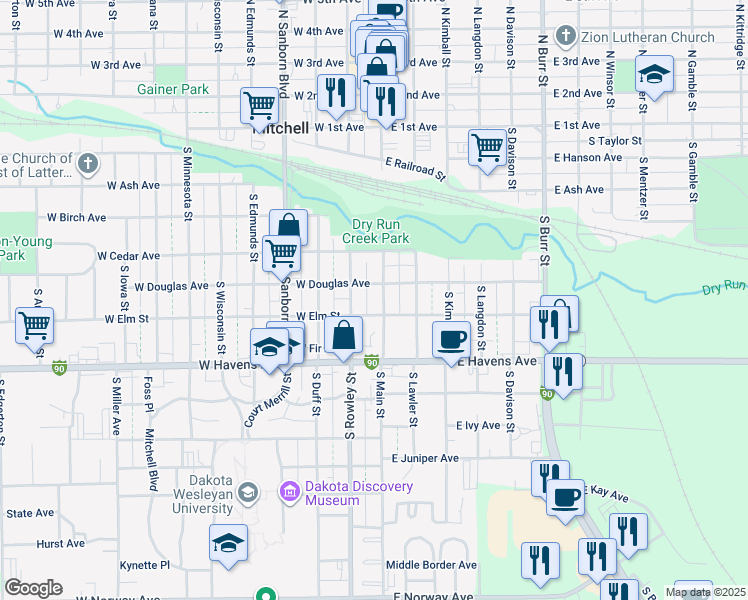 map of restaurants, bars, coffee shops, grocery stores, and more near 620 South Rowley Street in Mitchell