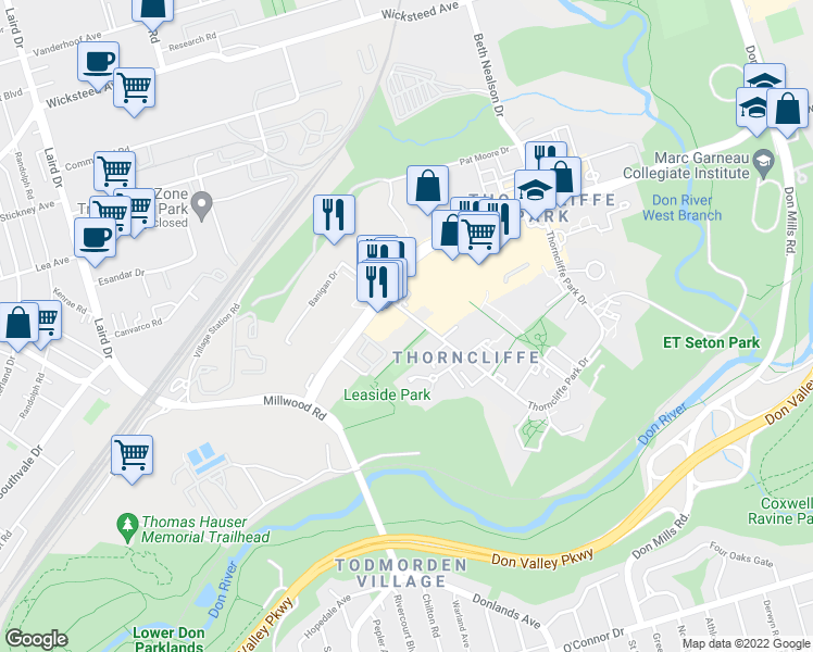 map of restaurants, bars, coffee shops, grocery stores, and more near in Toronto