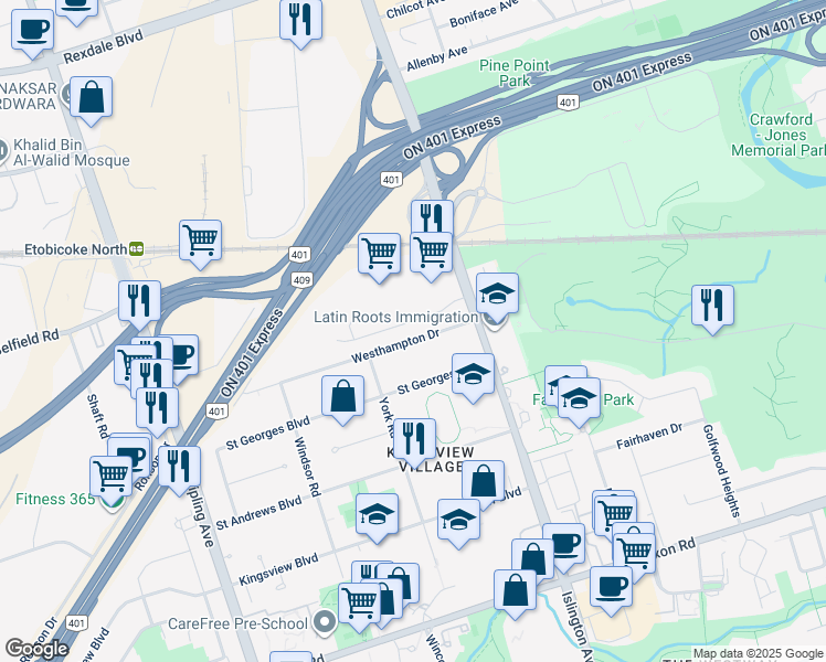 map of restaurants, bars, coffee shops, grocery stores, and more near 82 Westhampton Drive in Toronto