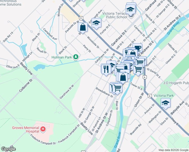 map of restaurants, bars, coffee shops, grocery stores, and more near 455 Maiden Lane in Fergus