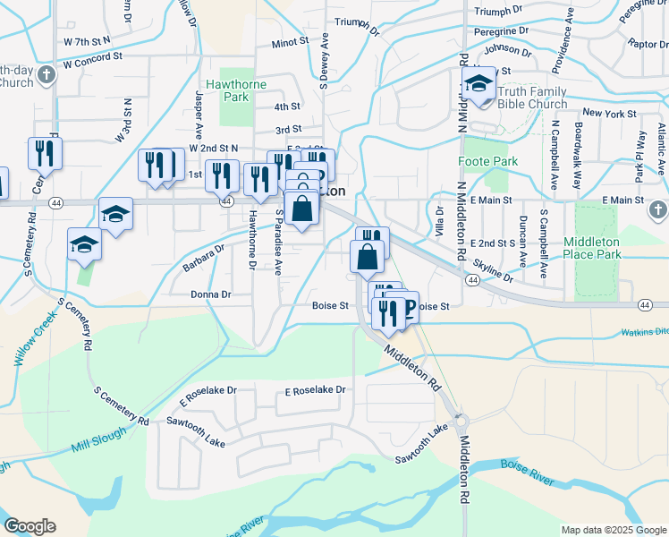 map of restaurants, bars, coffee shops, grocery stores, and more near 213 South Dewey Avenue in Middleton