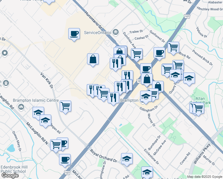 map of restaurants, bars, coffee shops, grocery stores, and more near 4 Ironside Drive in Brampton