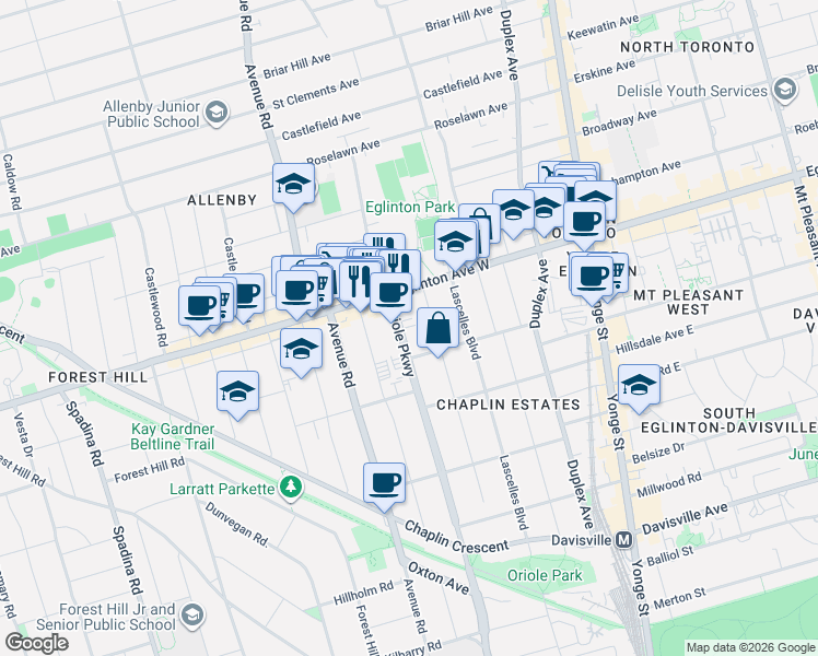 map of restaurants, bars, coffee shops, grocery stores, and more near 485 Oriole Parkway in Toronto