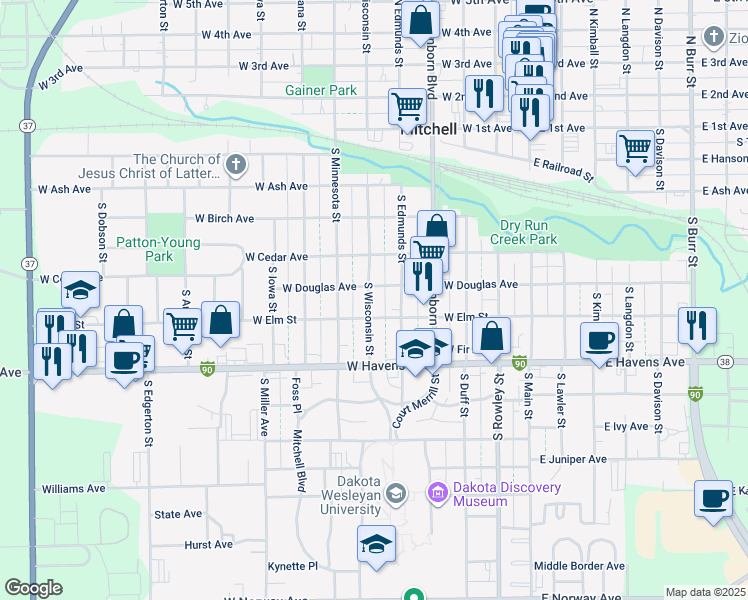 map of restaurants, bars, coffee shops, grocery stores, and more near 623 South Wisconsin Street in Mitchell