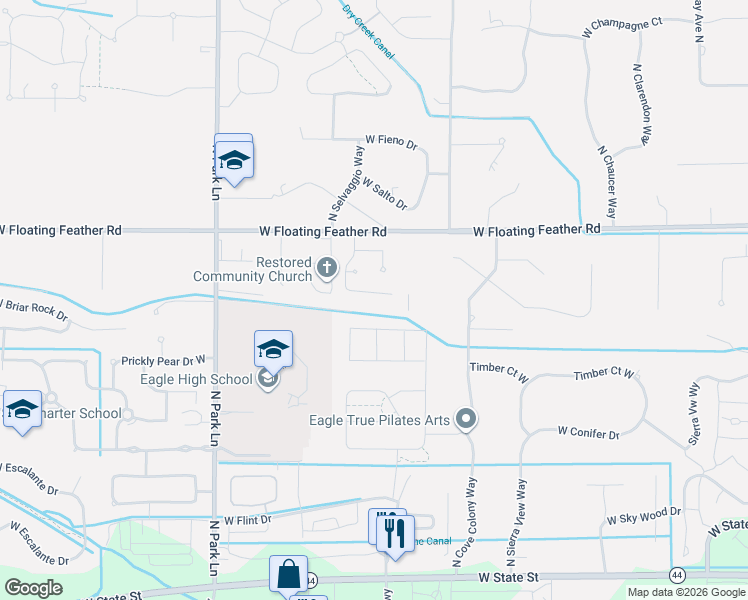 map of restaurants, bars, coffee shops, grocery stores, and more near 3457 West Barefoot Street in Eagle