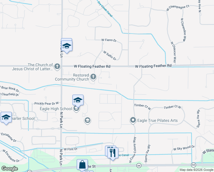 map of restaurants, bars, coffee shops, grocery stores, and more near 3457 West Barefoot Street in Eagle