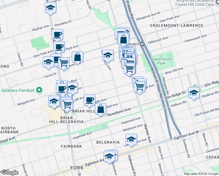 map of restaurants, bars, coffee shops, grocery stores, and more near 970 Briar Hill Avenue in Toronto