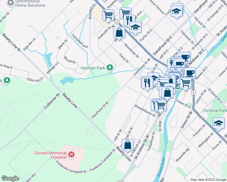 map of restaurants, bars, coffee shops, grocery stores, and more near 465 Garafraxa Street West in Fergus