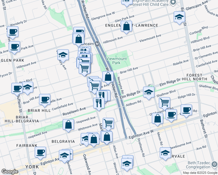 map of restaurants, bars, coffee shops, grocery stores, and more near 111 Ridelle Avenue in Toronto