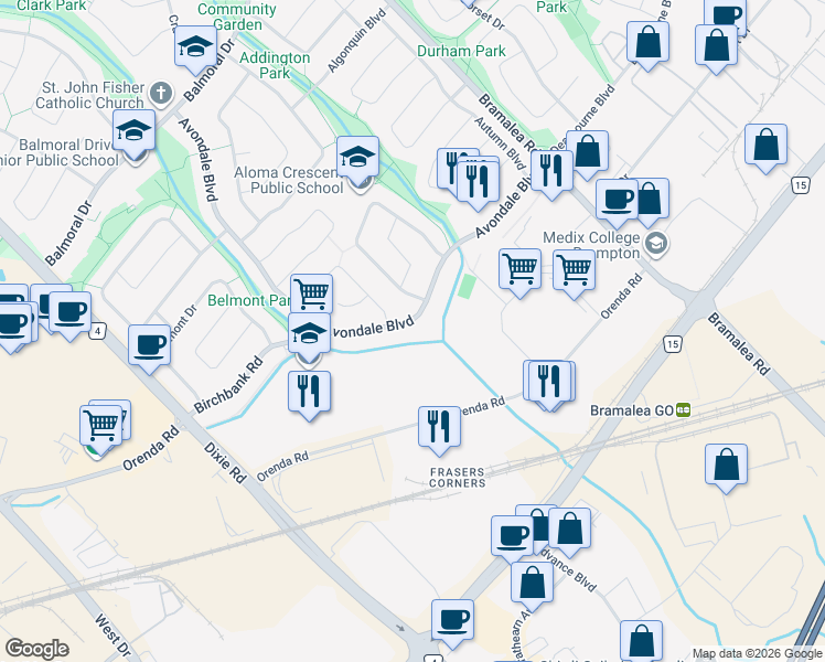 map of restaurants, bars, coffee shops, grocery stores, and more near 99 Avondale Boulevard in Brampton