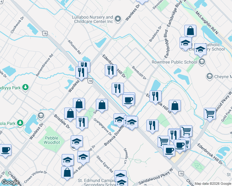 map of restaurants, bars, coffee shops, grocery stores, and more near 29 Oakmeadow Drive in Brampton