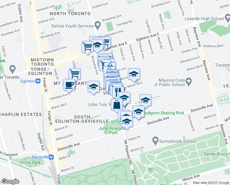 map of restaurants, bars, coffee shops, grocery stores, and more near 615 Mount Pleasant Road in Toronto