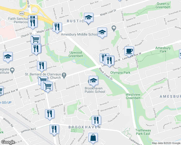 map of restaurants, bars, coffee shops, grocery stores, and more near 125 Brookhaven Drive in Toronto