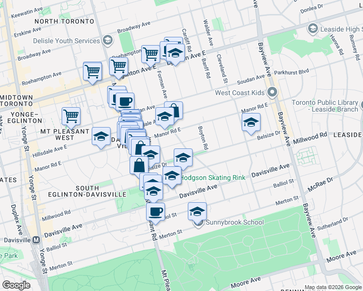 map of restaurants, bars, coffee shops, grocery stores, and more near 41 Tilson Road in Toronto
