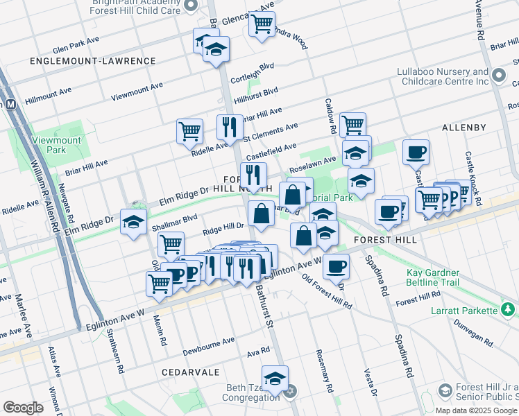 map of restaurants, bars, coffee shops, grocery stores, and more near 21 Shallmar Boulevard in Toronto