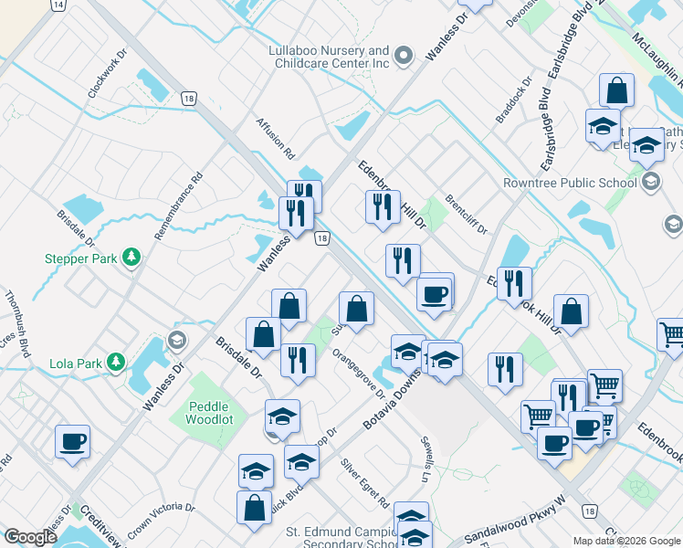 map of restaurants, bars, coffee shops, grocery stores, and more near 62 Williamson Drive in Brampton