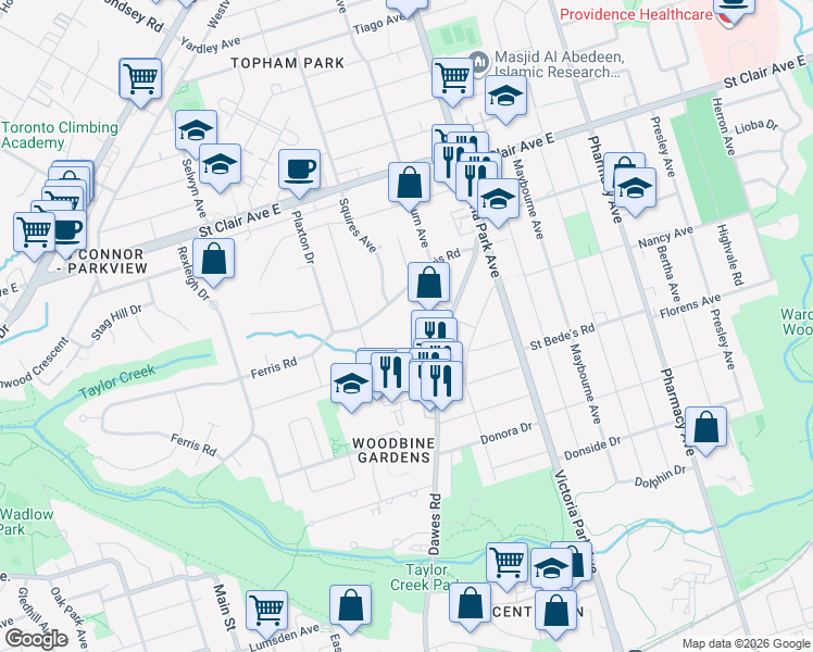 map of restaurants, bars, coffee shops, grocery stores, and more near 508 Dawes Road in Toronto