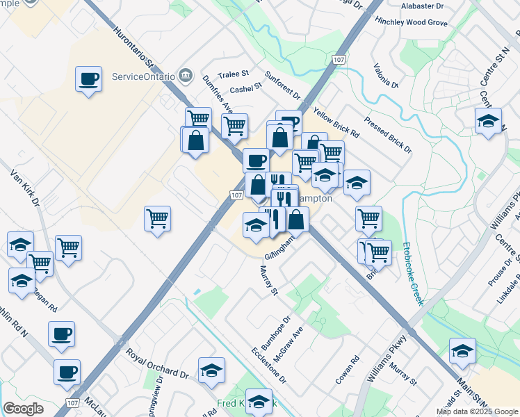 map of restaurants, bars, coffee shops, grocery stores, and more near 60 Gillingham Drive in Brampton