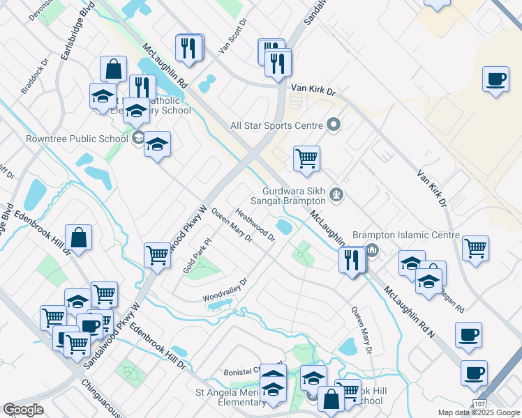 map of restaurants, bars, coffee shops, grocery stores, and more near 11 Weatherell Drive in Brampton