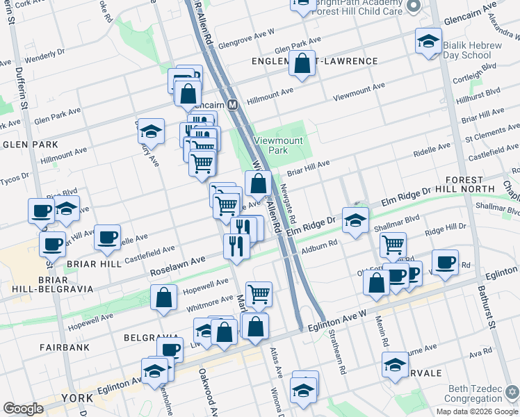 map of restaurants, bars, coffee shops, grocery stores, and more near 111 Ridelle Avenue in Toronto