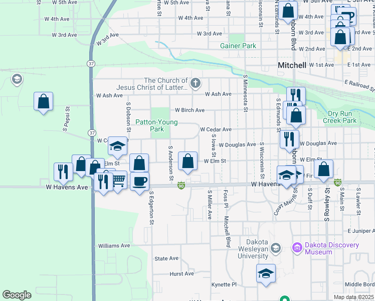 map of restaurants, bars, coffee shops, grocery stores, and more near 520 South Juanita Street in Mitchell