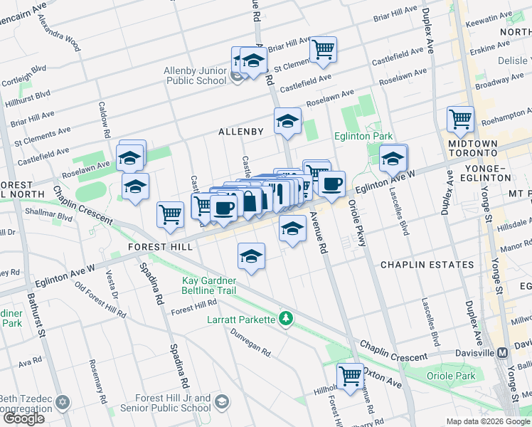 map of restaurants, bars, coffee shops, grocery stores, and more near 424 Eglinton Avenue West in Toronto