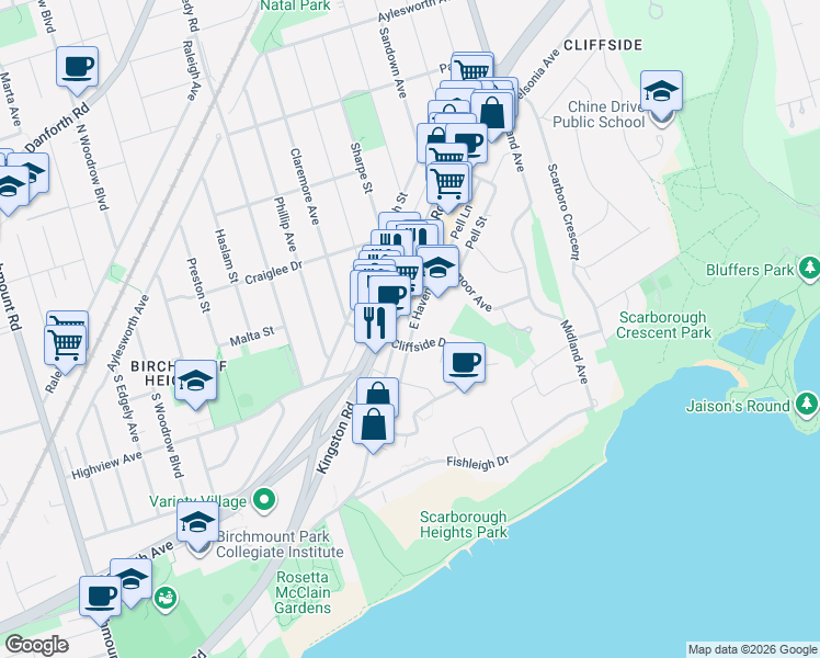 map of restaurants, bars, coffee shops, grocery stores, and more near 22 East Haven Drive in Toronto