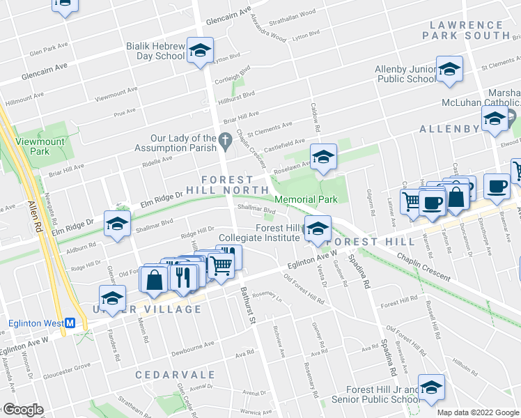 map of restaurants, bars, coffee shops, grocery stores, and more near 13 Shallmar Boulevard in Toronto
