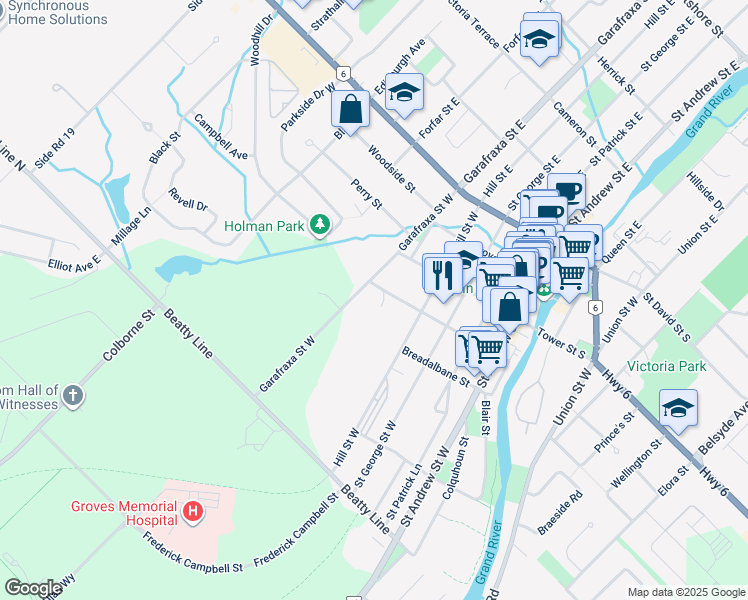 map of restaurants, bars, coffee shops, grocery stores, and more near 475 Maiden Lane in Fergus