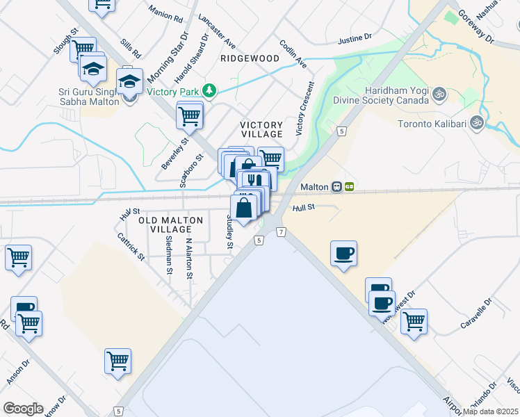 map of restaurants, bars, coffee shops, grocery stores, and more near Airport Road & Hull Street in Mississauga