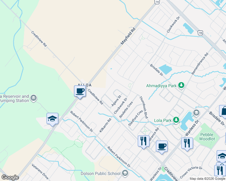 map of restaurants, bars, coffee shops, grocery stores, and more near 32 Yately Street in Brampton