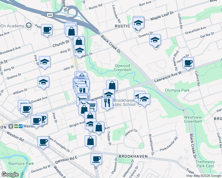 map of restaurants, bars, coffee shops, grocery stores, and more near in Toronto
