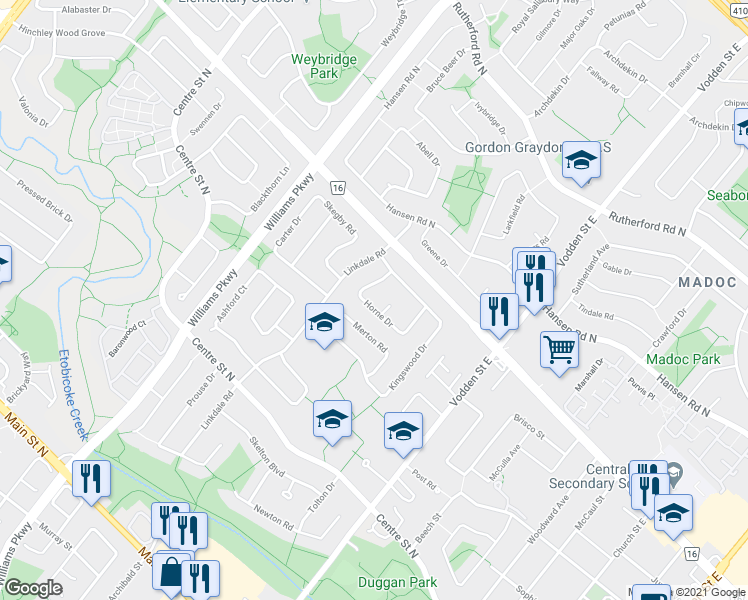 map of restaurants, bars, coffee shops, grocery stores, and more near 19 Horne Drive in Brampton