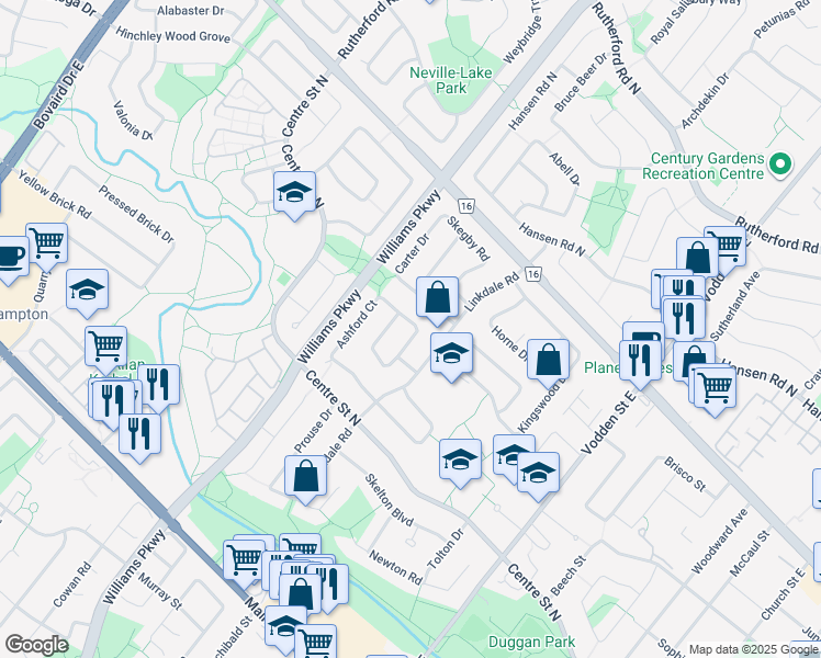map of restaurants, bars, coffee shops, grocery stores, and more near 27 Radford Drive in Brampton