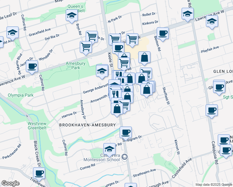 map of restaurants, bars, coffee shops, grocery stores, and more near 2328 Keele Street in Toronto