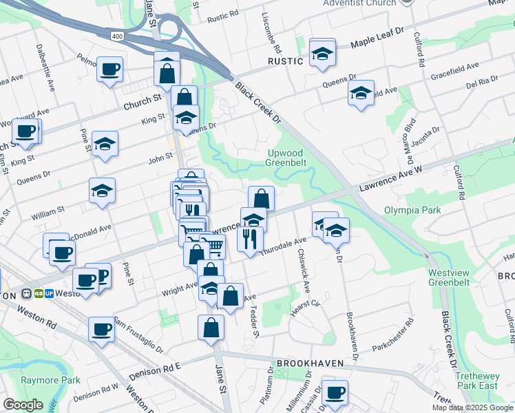 map of restaurants, bars, coffee shops, grocery stores, and more near in Toronto