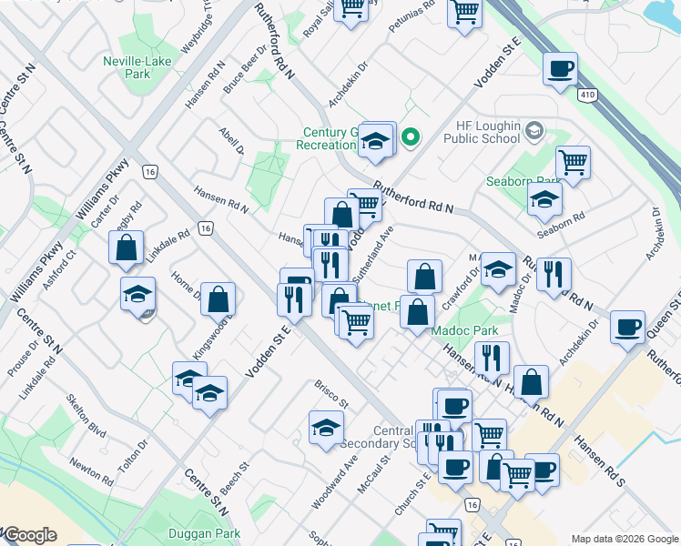 map of restaurants, bars, coffee shops, grocery stores, and more near in Brampton